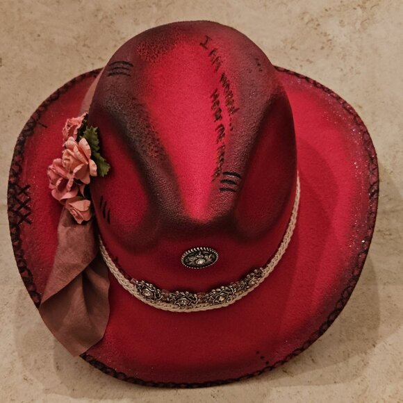 Hot Pink Fedora Cowboy styled hat Burned slogan New Adjustable Custom Made - Picture 2 of 5